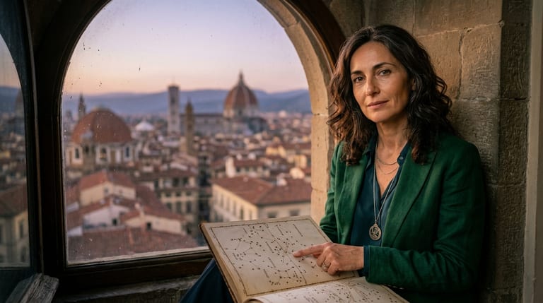 Helena Marchetti à une fenêtre Renaissance de Florence, un atlas céleste ouvert sur ses genoux, le Duomo en arrière-plan.