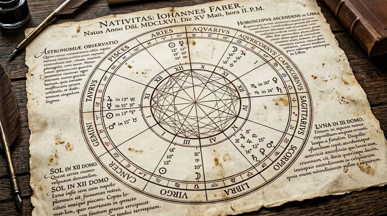 Thème astral manuscrit du XVIIe siècle, roue zodiacale tracée à l'encre brune sur parchemin avec aspects planétaires