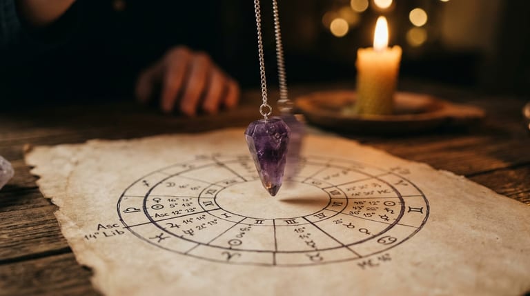 Pendule en cristal d'améthyste suspendu au-dessus d'un thème astral manuscrit, à la lumière d'une bougie